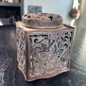 Vintage- Rustic Patina Metal Tin with Lid- Cutout detailing overall- farmhouse